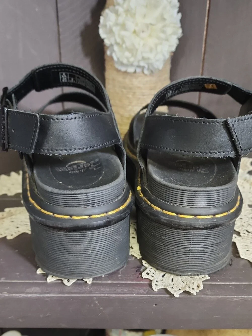 Dr. Martens Black Platform Sandals with Yellow Stitching